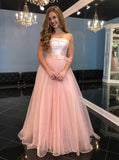 A-Line Strapless Floor-Length Pink Tulle Prom Dresses with Belt OKL67