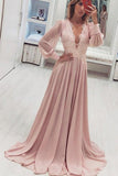 Fashion A-Line V-Neck Long Pink Prom Dresses with Long Sleeves Appliques OKH41