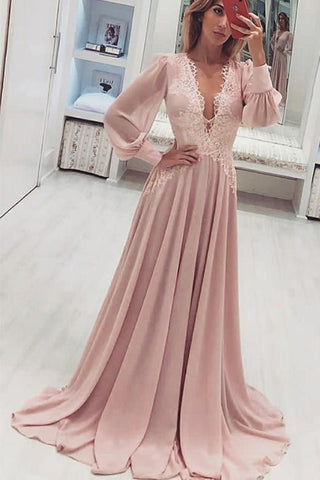 Fashion A-Line V-Neck Long Pink Prom Dresses with Long Sleeves Appliques OKH41