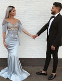 Mermaid V-Neck Short Sleeves Appliques Long Grey Prom Dress OKH33