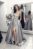 One Shoulder Long Grey Prom Dresses with Split Lace Appliques Evening Dress OKH40
