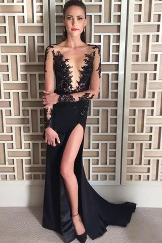 Deep V-Neck Long Sleeve Black Evening Dresses,Beading Split Sexy Prom Dress OKH27