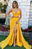 Strapless Long Yellow Prom Dresses with Beading Split  Evening Gown OKH32