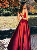 Two Pieces Scoop Sleeveless Burgundy Split Sexy Long Prom Dress OKG97