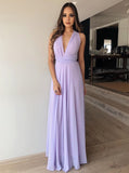 A-Line V-Neck Floor-Length Lilac Chiffon Prom Long Bridesmaid Dresses OKL74