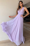 A-Line V-Neck Floor-Length Lilac Chiffon Prom Long Bridesmaid Dresses OKL74