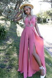 Pink Spaghetti Straps Long Chiffon Prom Dress with Split Keyhole OKL85