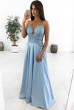 A-Line Illusion Round Neck Light Blue Satin Prom Dress with Appliques OKL76