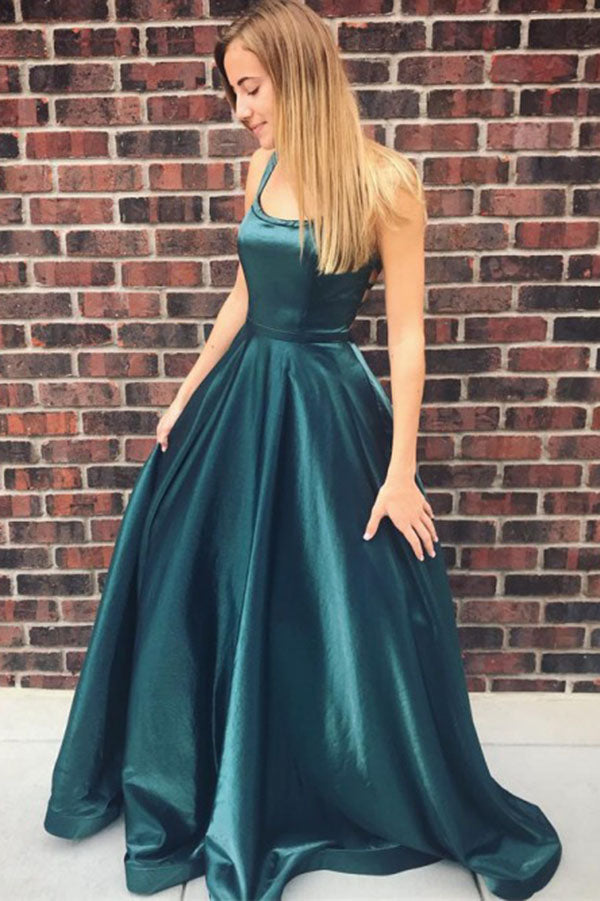 A-Line Scoop Backless Sweep Train Simple Prom Dresses with Pockets OKK64