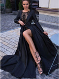 A-Line Round Neck Long Sleeves Black Long Prom Dresses OKK61