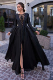 A-Line Round Neck Long Sleeves Black Long Prom Dresses OKK61