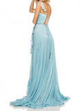 A-Line V-Neck Lace Up Light Blue Long Prom Dresses with Beading Split OKN24