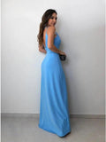 A-Line Spaghetti Straps Floor-Length Sky Blue Prom Dresses with Split OKN30