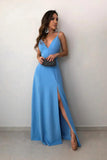 A-Line Spaghetti Straps Floor-Length Sky Blue Prom Dresses with Split OKN30