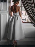 Spaghetti Straps Off White Prom Dresses with Pockets Tea-Length Party Dress OKL72