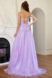 Red Spaghetti Straps A-line Tulle Long Prom Dress with Appliques OK1643