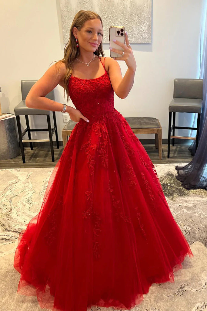 Red Spaghetti Straps A-line Tulle Long Prom Dress with Appliques OK1643