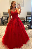 Red Spaghetti Straps A-line Tulle Long Prom Dress with Appliques OK1643