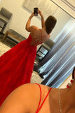 Red Spaghetti Straps A-line Tulle Long Prom Dress with Appliques OK1643