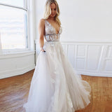 A Line Deep V-Neck Backless White Tulle Prom Dresses With Appliques OKQ63