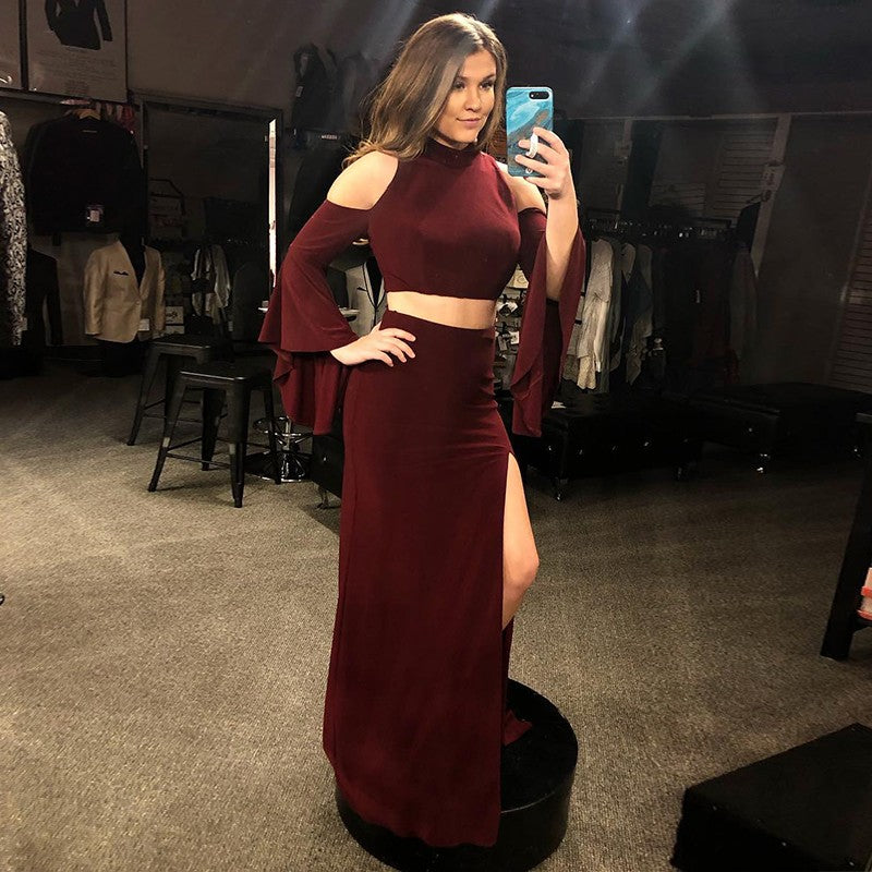 Two Piece Mermaid Cold Shoulder Long Sleeves Burgundy Prom Dresses With Split OKQ54
