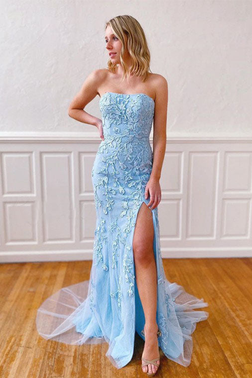 Sky Blue Mermaid Strapless Appliques Prom Dress Cheap Evening Dress OKT48