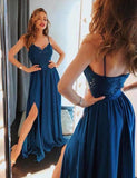 A Line Spaghetti Blue Prom Dress, Long Split Cheap Evening Dress OKI87