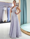 Elegant A Line Scoop Sleeveless Lavender Long Lace Prom Dresses with Appliques OKF16