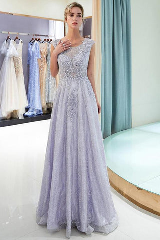 Elegant A Line Scoop Sleeveless Lavender Long Lace Prom Dresses with Appliques OKF16
