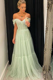 A Line Mint Off the Shoulder Tulle Long Prom Dress Formal Evening Gowns OK1241