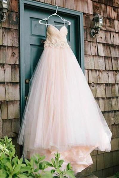Sweetheart Strapless Flowers Beading Pleated Blush Pink Wedding Dresses With Court Train OK554