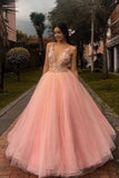 Pink V neck Tulle Lace Applique Long Prom Dress A Line Formal Evening Dress OK1151