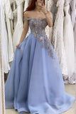 A-Line Blue Satin Off the Shoulder Prom Dress Lace Appliques Evening Party Dress OK1234
