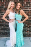 Two Pieces Mermaid Spaghetti Straps Long Lace Prom Dress Sexy Party Dress OKZ86