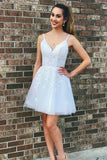 Unique A-Line V Neck Tulle White Short Homecoming Dress With Lace Appliques OK1548