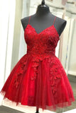 Straps Short Homecoming Dress Lace Appliqued Red Short Prom Dress OKW5