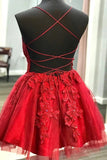 Straps Short Homecoming Dress Lace Appliqued Red Short Prom Dress OKW5