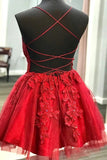 Straps Short Homecoming Dress Lace Applique Red Short Prom Dress OM492