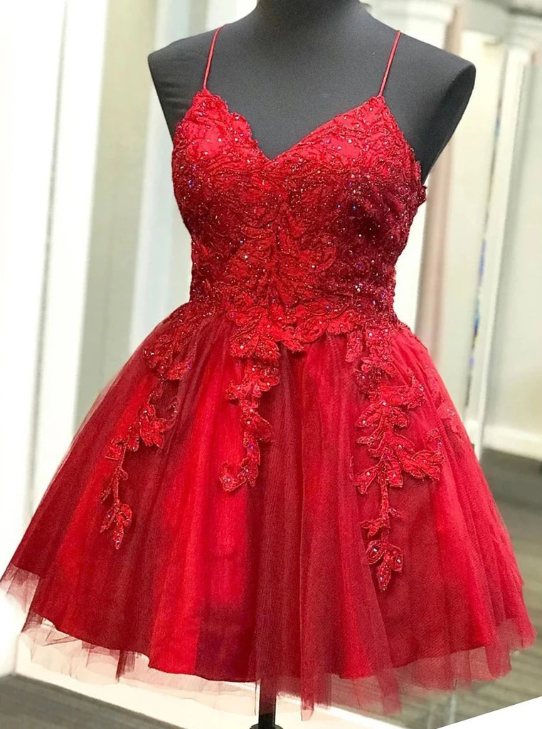Straps Short Homecoming Dress Lace Applique Red Short Prom Dress OM492
