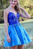 Cute A-Line Spaghetti Straps Royal Blue Short Homecoming Dresses with Beading OKD43
