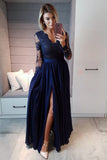 Burgundy Long Sleeves V Neck Lace Top A Line Long Prom Dress OK838