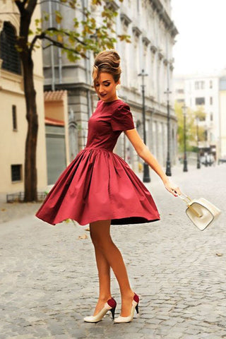 Cute A Line Short Sleeves Burgudny Homecoming Dress Elegant Evening Dress OKM59