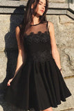 Cute A Line Round Neck Black Lace Short Homecoming Dress, Little Black Dresses OKM58