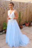 Gorgeous A Line V Neck Backless Sky Blue Tulle Long Prom Dress OKF27