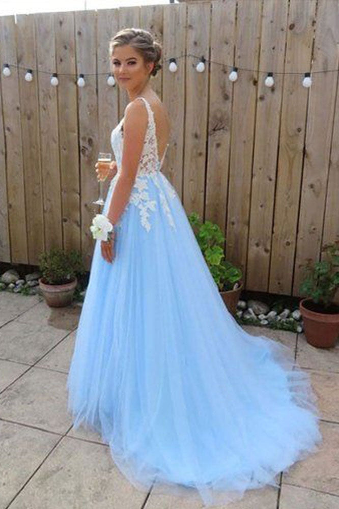 Gorgeous A Line V Neck Backless Sky Blue Tulle Long Prom Dress OKF27