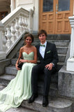 Simple A Line Floor Length Sweetheart Chiffon Belt Sage Long Prom Dress OK1024