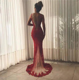Sexy Backless Burgundy Lace High Slit Deep V Neck Mermaid Long Prom Dress OKA6