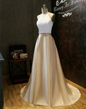 Simple Two-Piece Gold Halter Long Prom Evening Dresses With White Top OK600