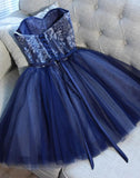 Cute Navy Blue Sweetheart Tulle Beads Appliques Short Homecoming Dress OKD45