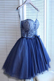 Cute Navy Blue Sweetheart Tulle Beads Appliques Short Homecoming Dress OKD45
